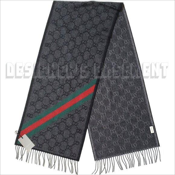 GUCCI charcoal & black GG green & red WEB detail NIKKY Angora blend fringe scarf - Picture 2 of 11